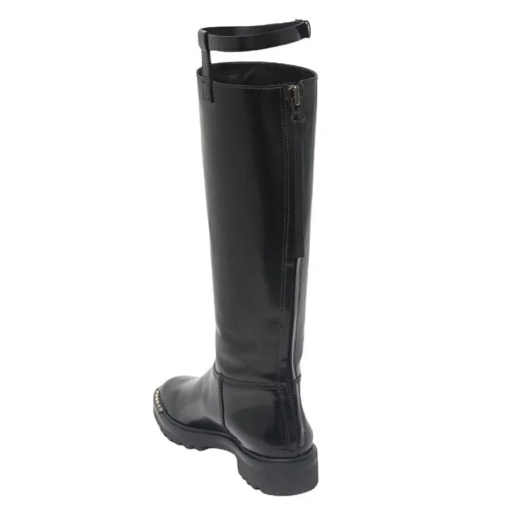 NEW Schutz Cianna Embellished Toe Black Polished Leather Riding Boots Size 6.5B